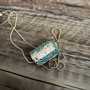Cola can necklace. Soda can pop can. Rhinestone can.